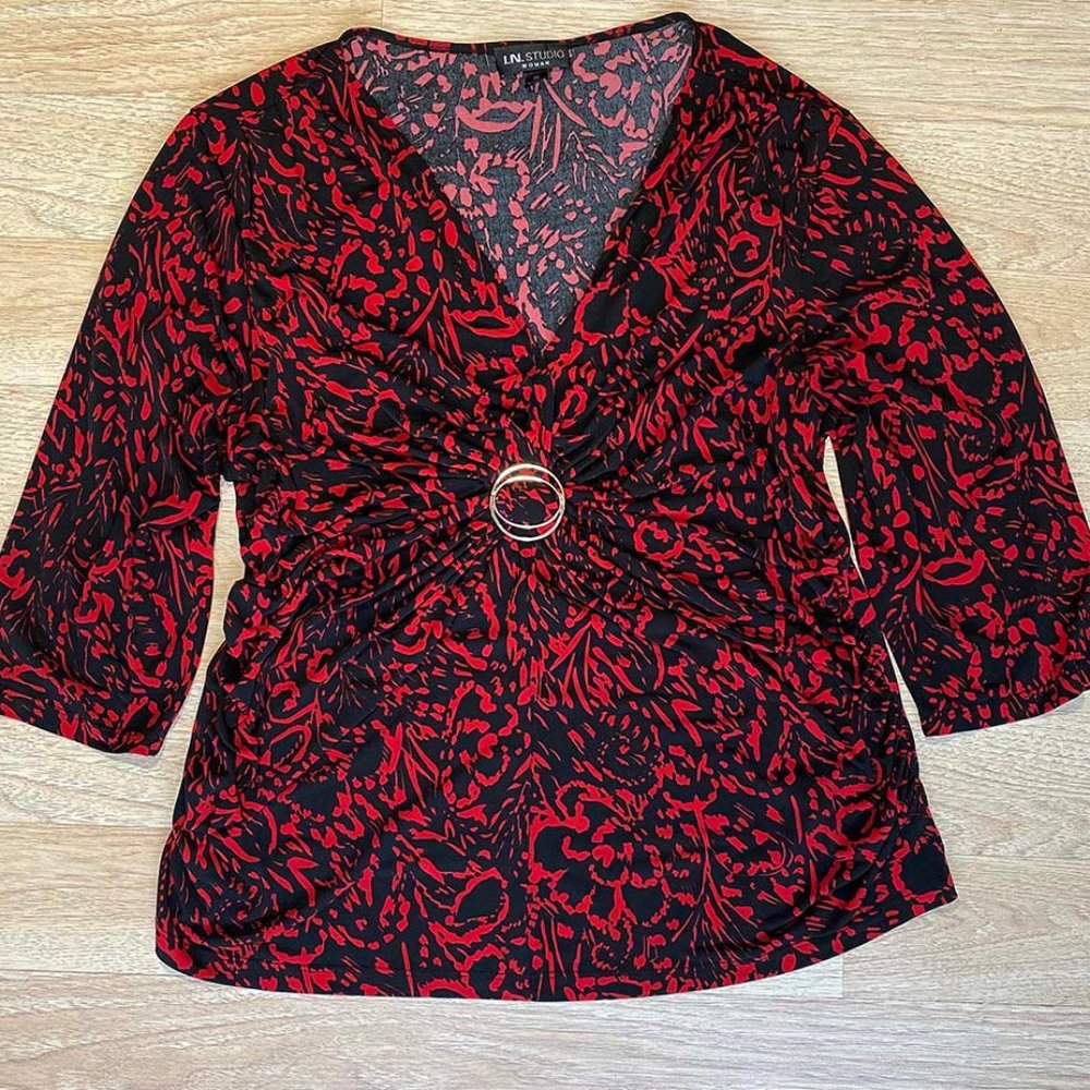 I.N. Studio Wrap Style Top 3/4 Sleeves Silky SEXY
